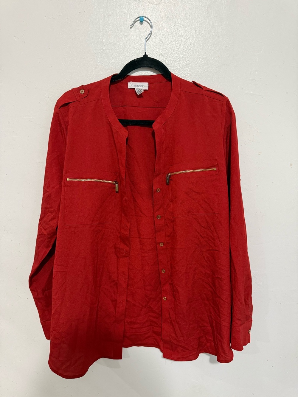 Calvin Klein Red Collarless Button-Up Shirt with Gold Zippers